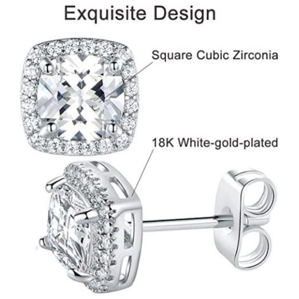 18K White Gold Plated Square Cubic Zircon 6mm Stud - Picture 4 of 15
